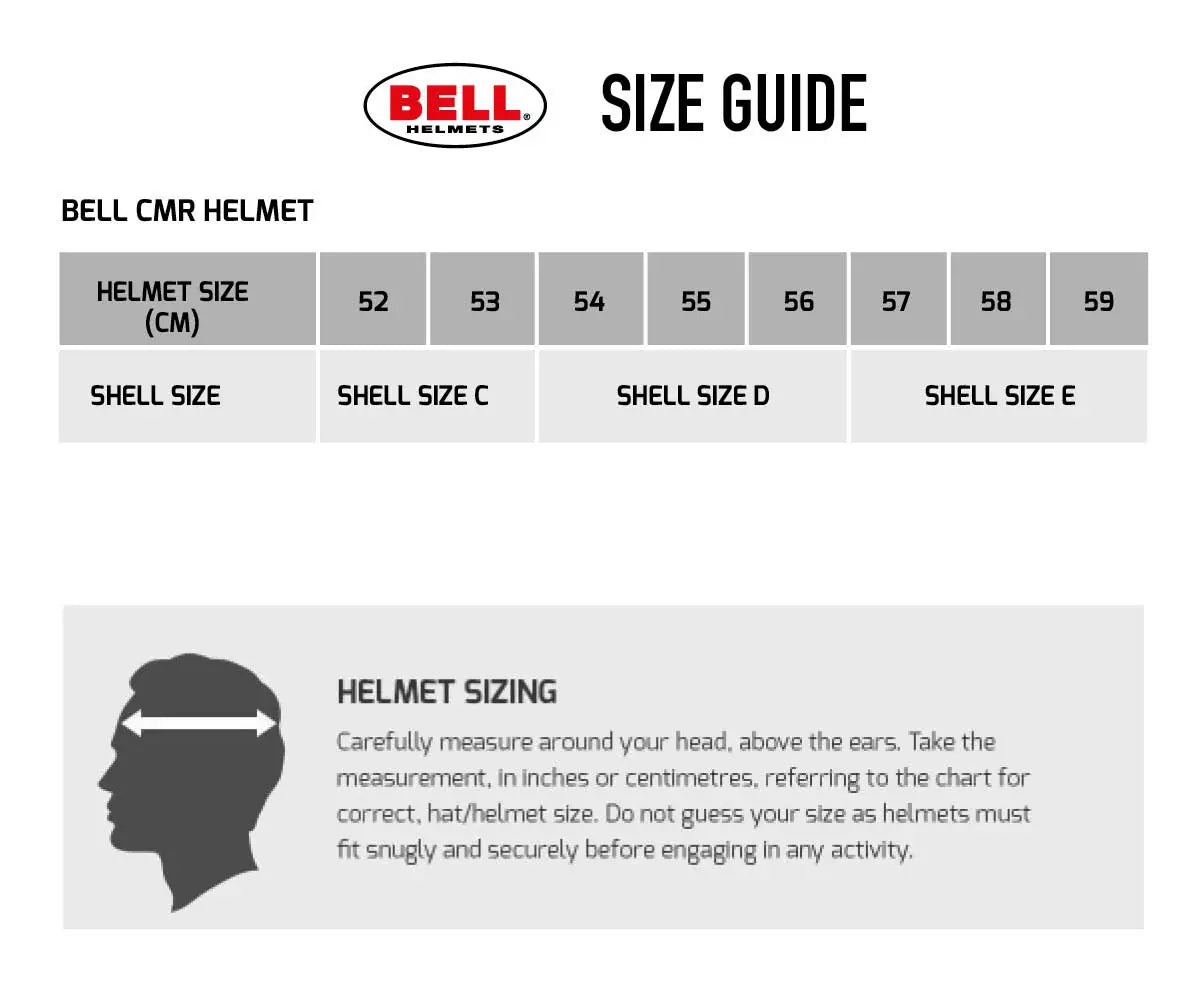 Bell CMR helmet size guide with measurements and shell size chart.