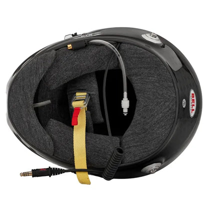 Bell GT6 RD Carbon helmet — interior view showing multi-density liner, HANS strap and integrated mic wiring