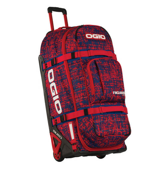 Red and blue Ogio rolling duffel bag on a white background