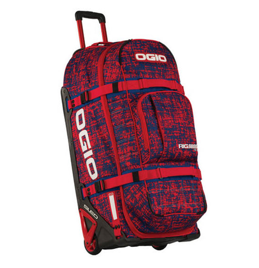 Red and blue Ogio rolling duffel bag on a white background
