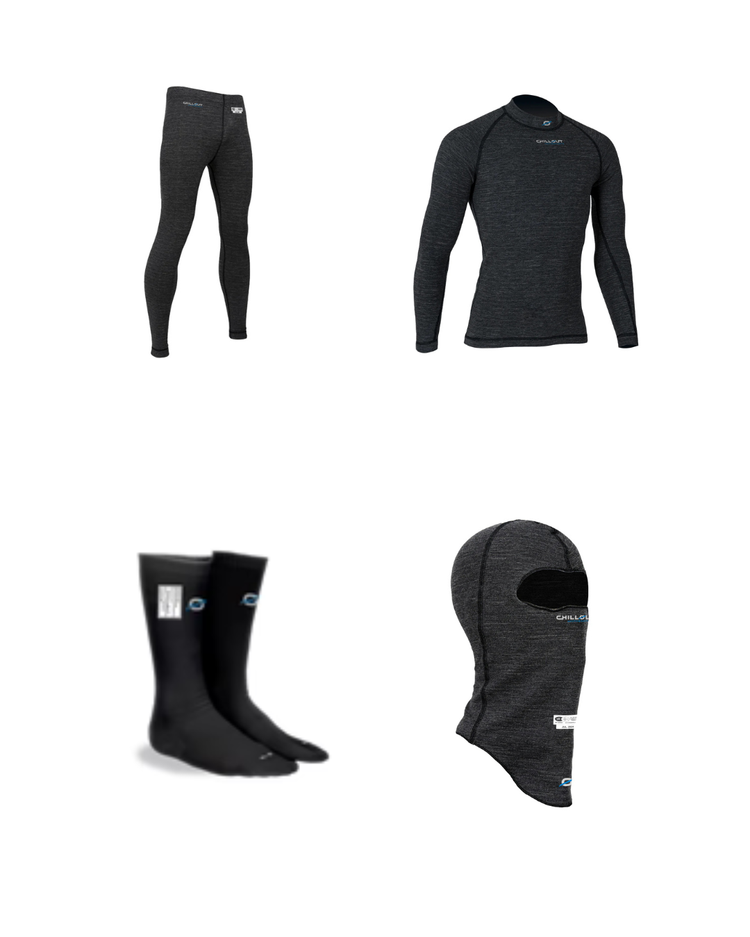 Set of black thermal underwear, long-sleeve shirt, socks, and balaclava on a white background