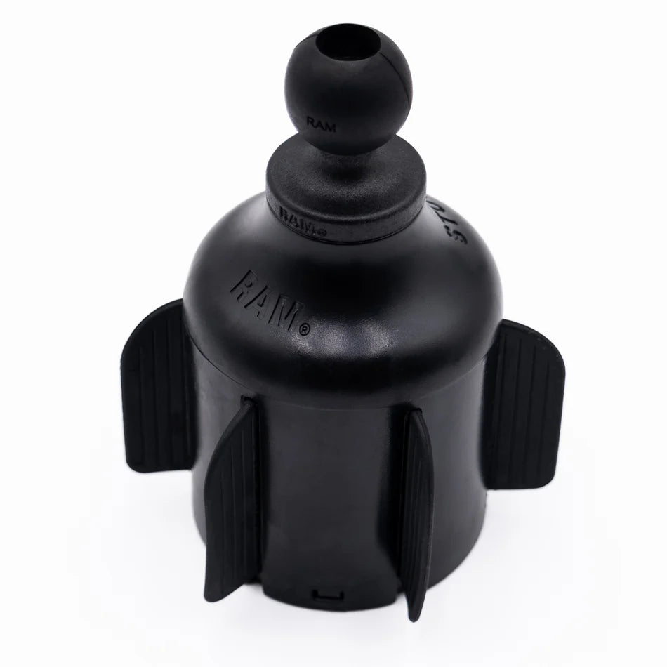 RAM Stubby cup holder ball base angled product view showing trimmable rubber fins and ball socket
