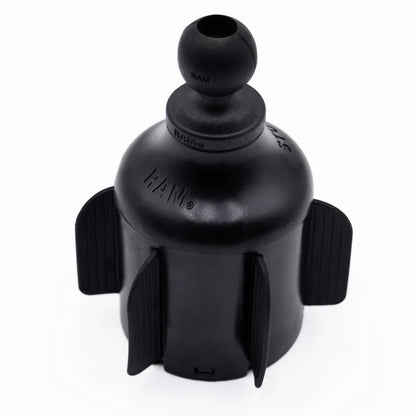 RAM Stubby cup holder ball base angled product view showing trimmable rubber fins and ball socket