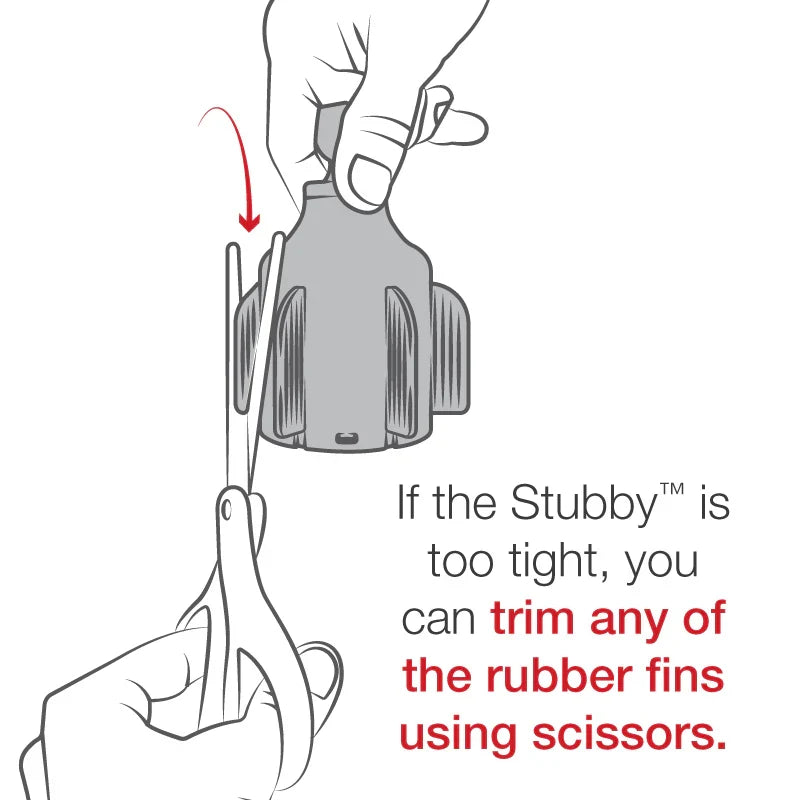 Diagram showing how to trim RAM Stubby rubber fins with scissors if cup holder fit is too tight