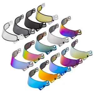 A collection of Bell helmet visors in various colors, designed to fit 7-Series helmets, showcasing the proprietary optical grade injected DSAF (Double Screen Anti-Fog) technology.