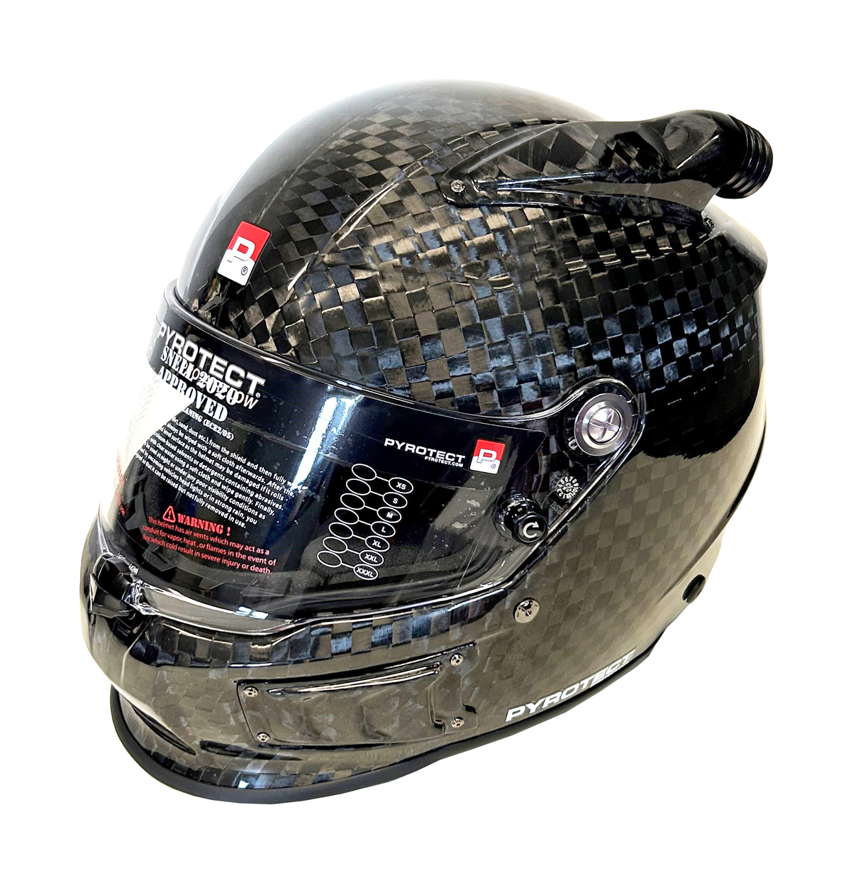 Pyrotect Pro Air Tri-Flow DB Helmet, SA2025, 12K carbon fibre, front three-quarter view with top and side forced-air inlets