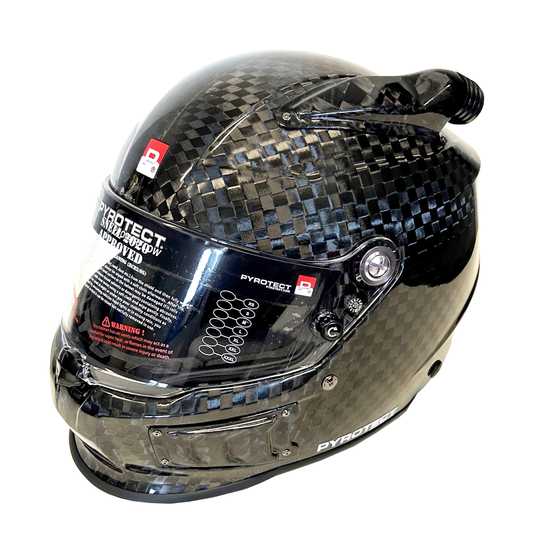 Pyrotect Pro Air Tri-Flow DB Helmet, SA2025, 12K carbon fibre, front three-quarter view with top and side forced-air inlets