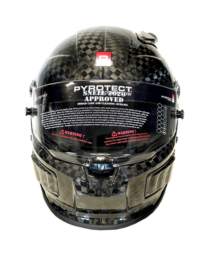 Pyrotect Pro Air Tri-Flow DB Helmet, SA2025, 12K carbon fibre, front view showing visor and size guide sticker