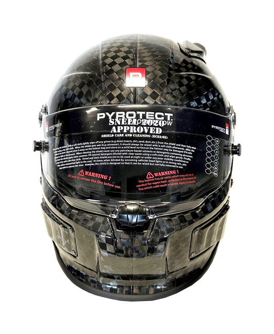 Pyrotect Pro Air Tri-Flow DB Helmet, SA2025, 12K carbon fibre, front view showing visor and size guide sticker