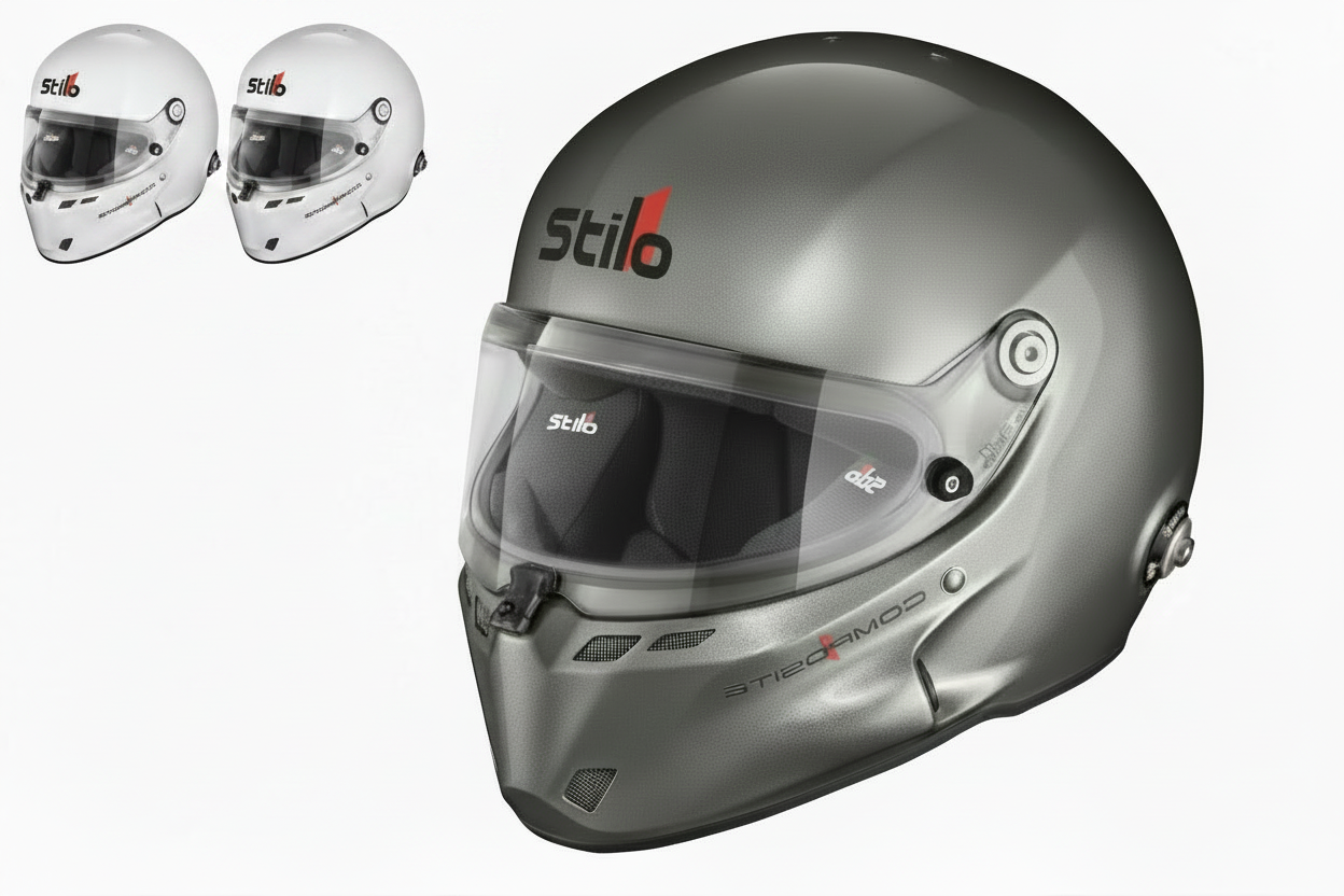 Stilo ST6 F Composite helmet in Gunmetal Gray and White — FIA 8859-2024 & SA2025 certified circuit racing helmet