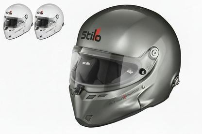Stilo ST6 F Composite helmet in Gunmetal Gray and White — FIA 8859-2024 & SA2025 certified circuit racing helmet