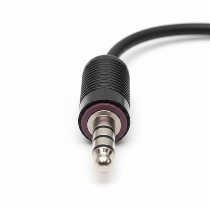MRTC male 3.5mm jack connector end of Harris Race Radios adapter cable close-up
