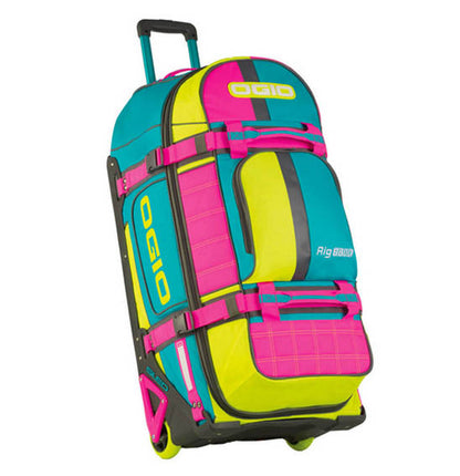 Colorful rolling duffel bag with OGIO branding on a white background