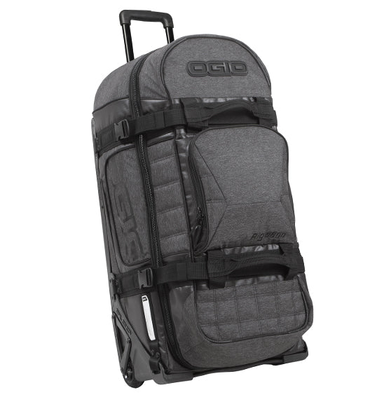 Gray rolling duffel bag with OGIO branding on a white background