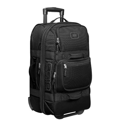 Black rolling suitcase with OGIO branding on a white background