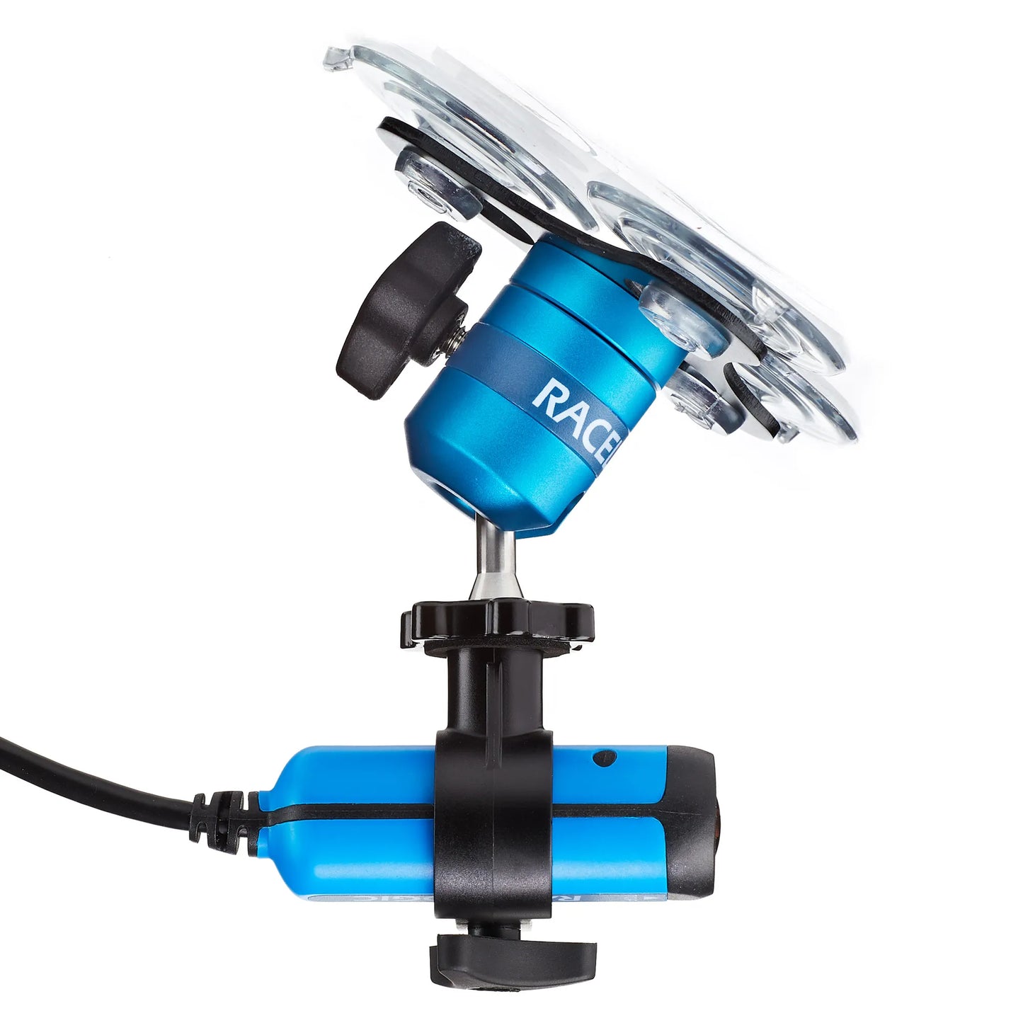 	Racelogic VBOX camera mounted on forward facing ring clamp — full assembly with VBOX High Res camera