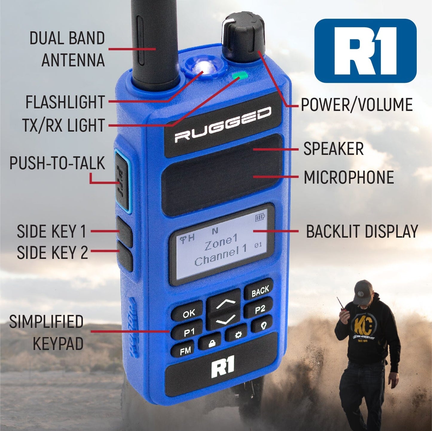 BUNDLE - R1 CB Handheld Radio with Long Range Antenna and High Capacity Battery