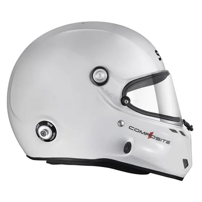 Stilo ST6 F Composite White helmet — side view with integrated Stilo comms electronics