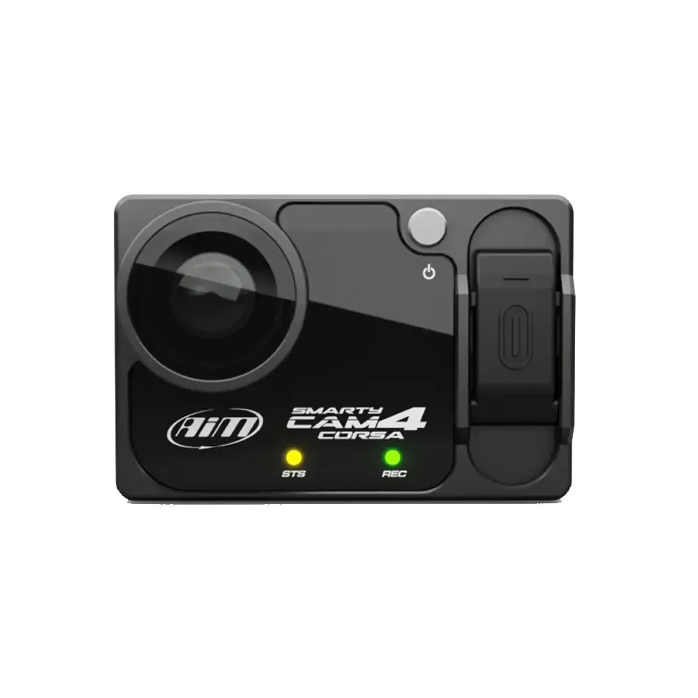 Black action camera with visible branding on a white background