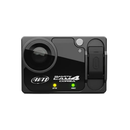 Black action camera with visible branding on a white background