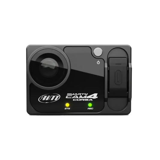Black action camera with visible branding on a white background