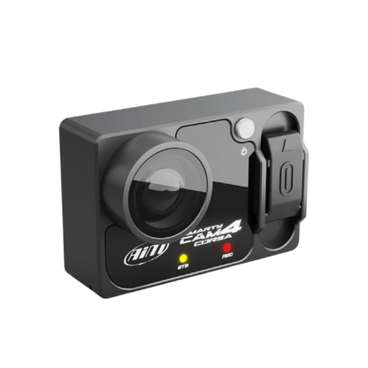 Black action camera with visible brand logo on a white background