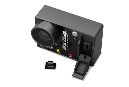 Black camera module with lens and connectors on a white background