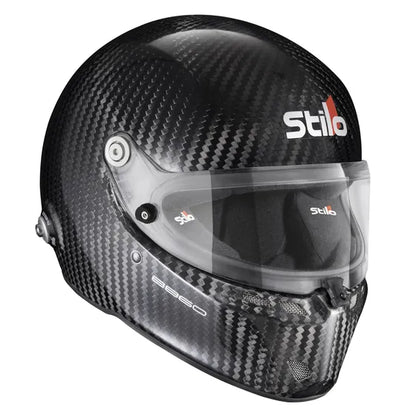 Carbon fiber fia 8860-18 top racing helmet with clear visor and Stilo branding on a white background