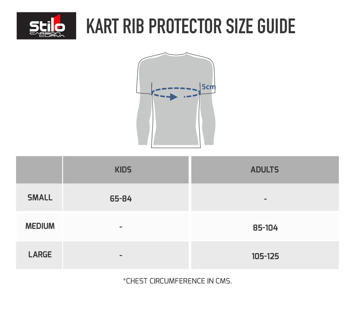 Stilo Carbon Curva kart rib protector size guide — Small 65–84cm (kids), Medium 85–104cm (adults), Large 105–125cm (adults), chest circumference in cm