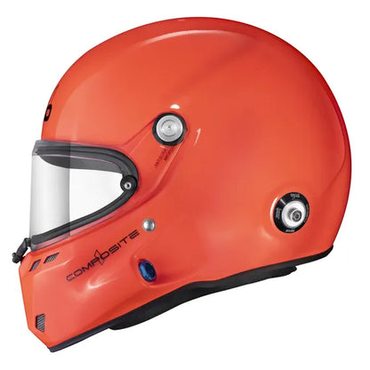 Orange Stilo racing helmet with clear visor on a white background