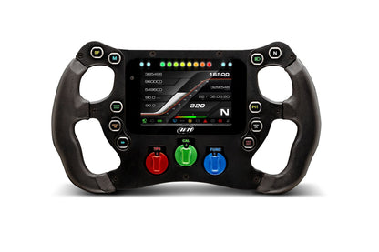 Racing steering wheel with digital display and buttons on a white background