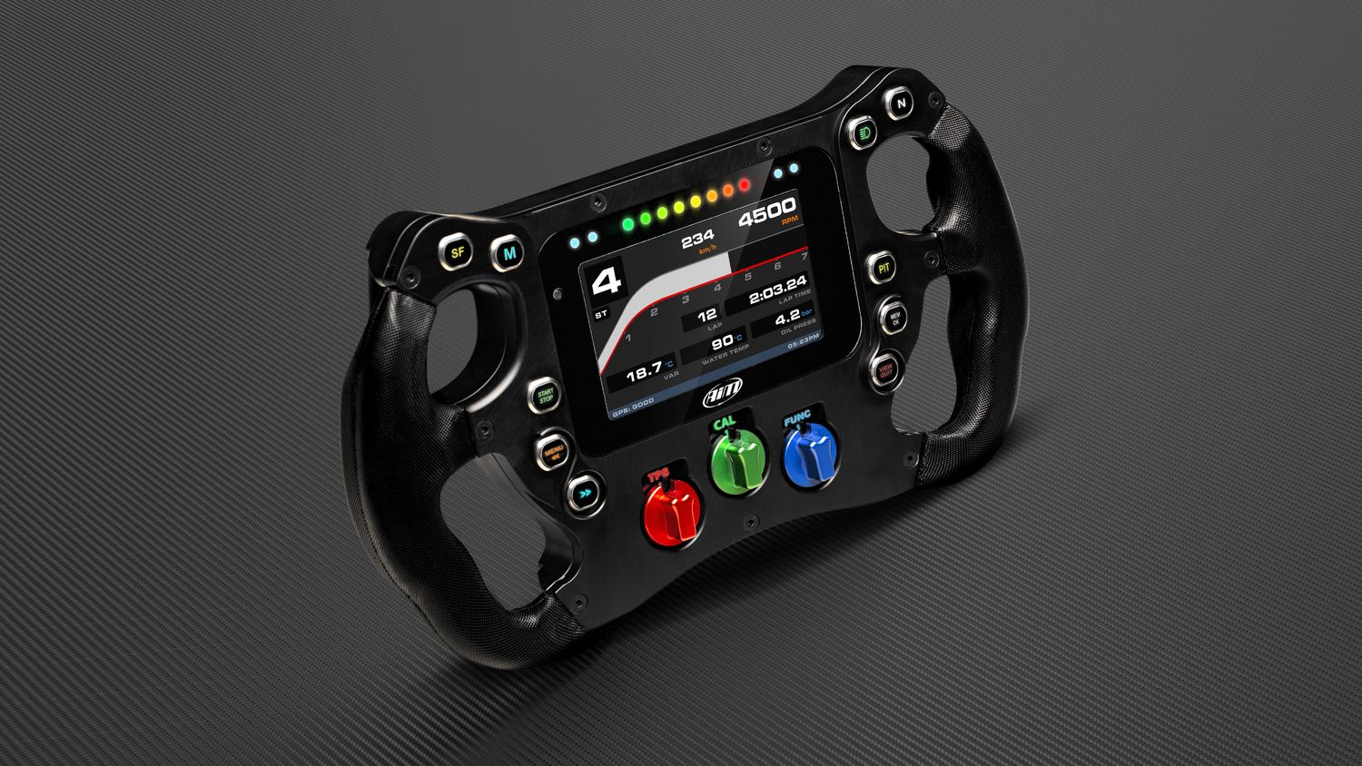 Black racing steering wheel with digital display and buttons on a dark background