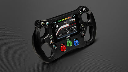 Black racing steering wheel with digital display and buttons on a dark background