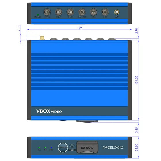 Blue electronic device with 'VBOX Video' and 'RaceLogic' branding, showing top, side, and front views with dimensions.