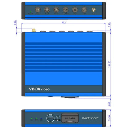 Blue electronic device with 'VBOX Video' and 'RaceLogic' branding, showing top, side, and front views with dimensions.