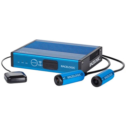 Blue and black RACelogic device with sensors on a white background